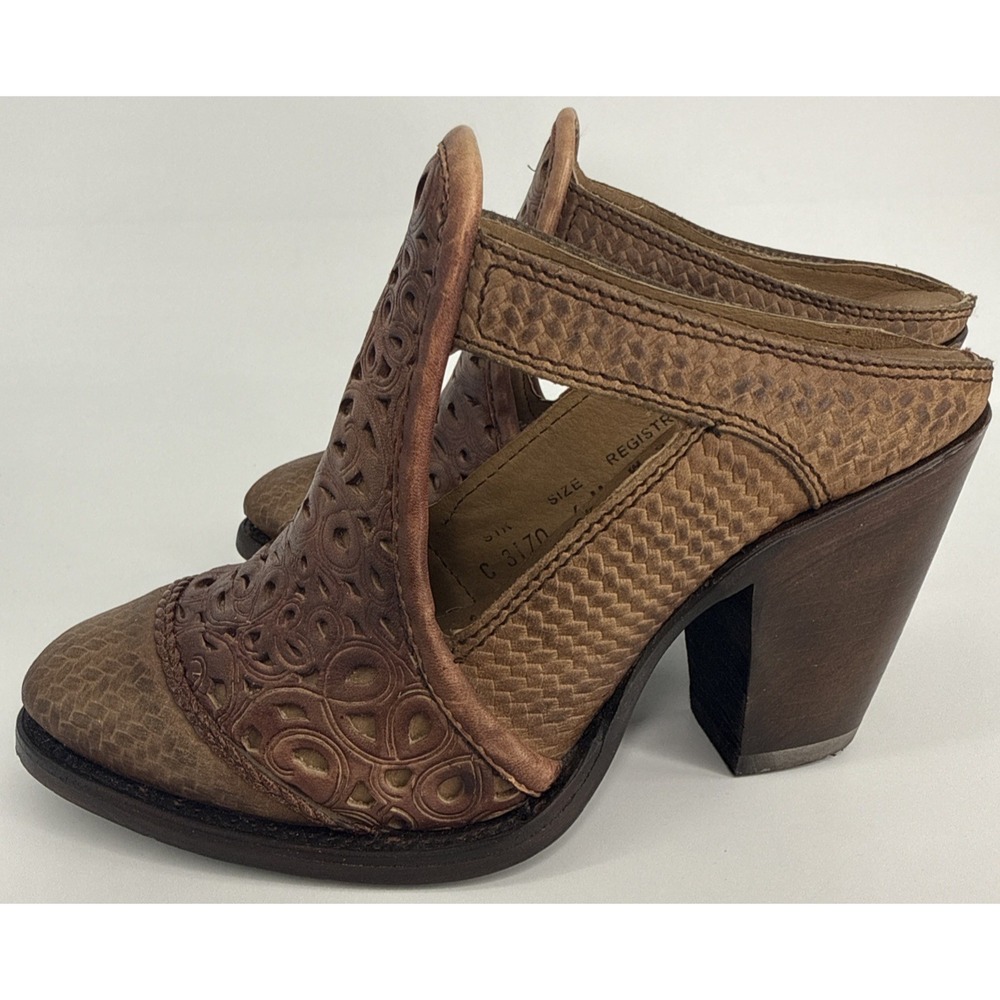 Corral Mule Heels Women 6M Brown Tooled Leather Western Slip On - Picture 5 of 12